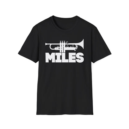 Black t-shirt with white trumpet graphic and the word MILES below.