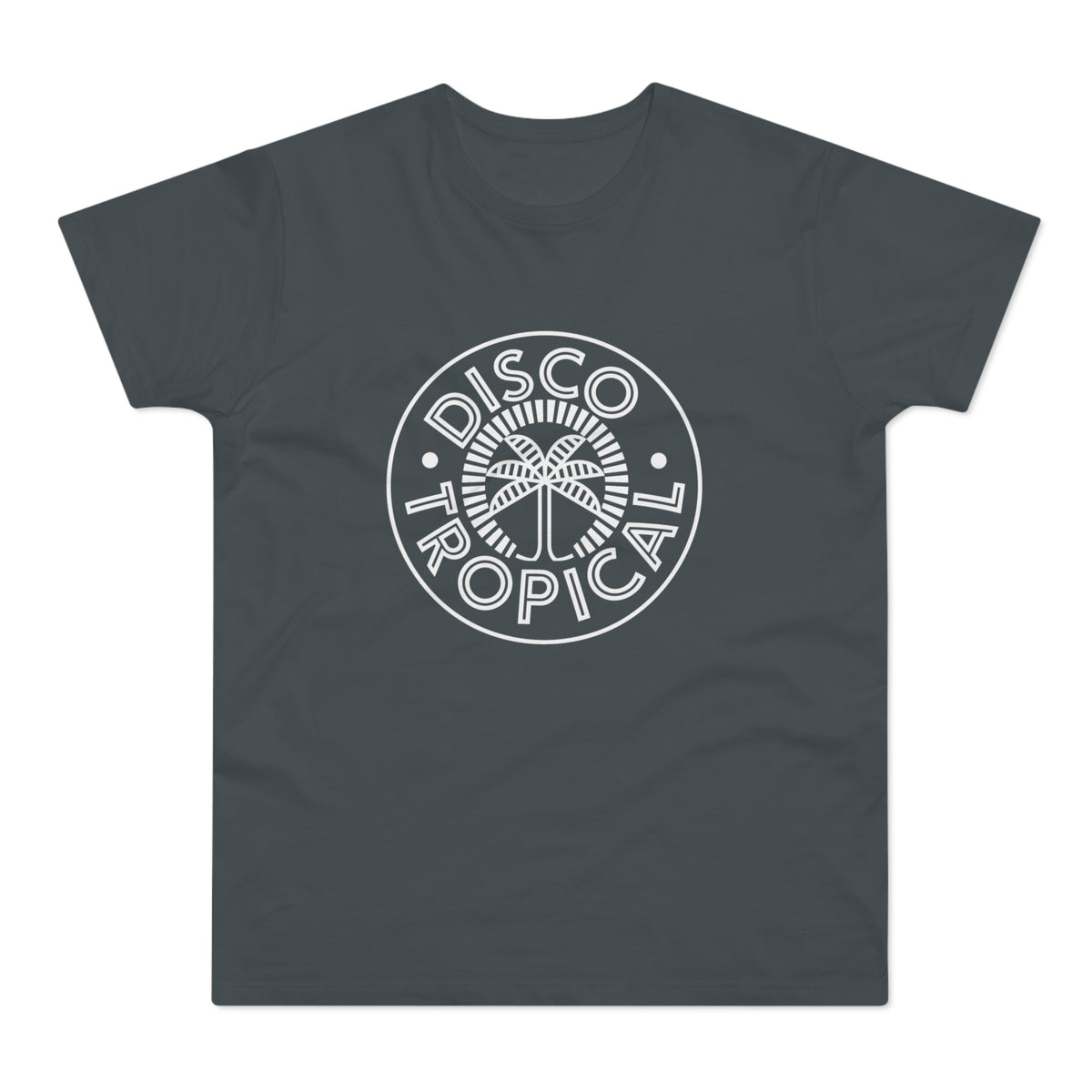 Charcoal t-shirt with white "Disco Tropical" text and palm tree logo.