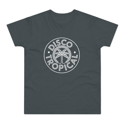 Charcoal t-shirt with white "Disco Tropical" text and palm tree logo.