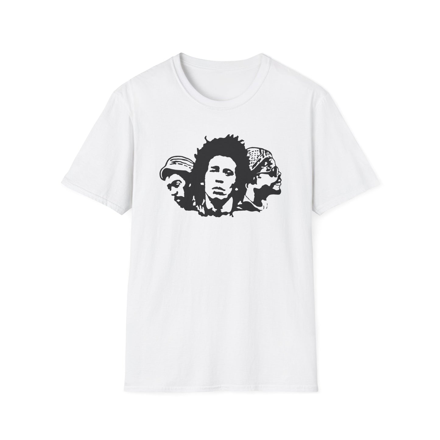 White t-shirt with a black graphic of three stylized faces in a row.