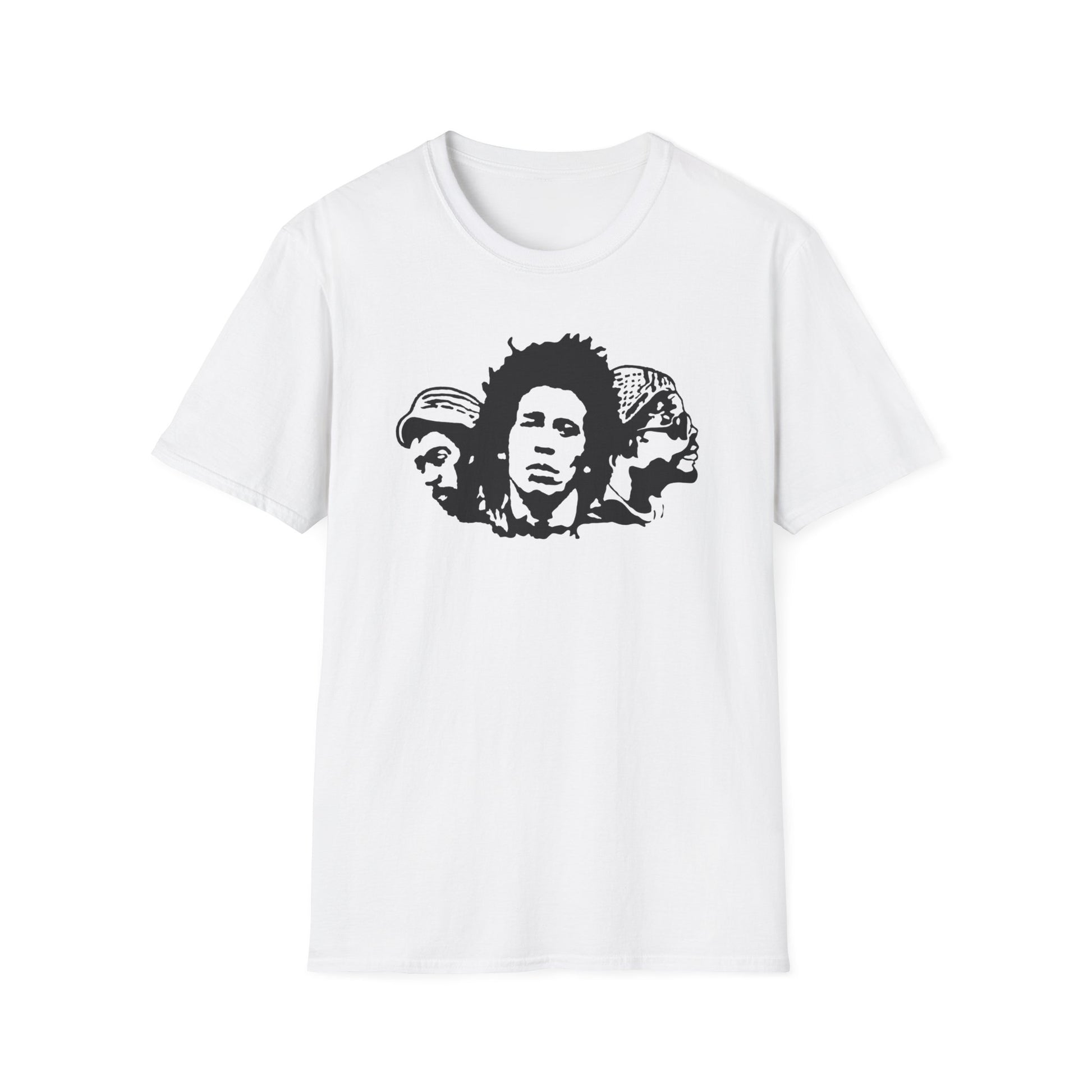 White t-shirt with a black graphic of three stylized faces in a row.