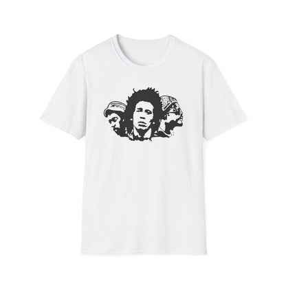 White t-shirt with a black graphic of three stylized faces in a row.
