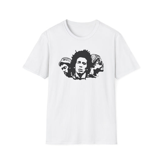 White t-shirt with a black graphic of three stylized faces in a row.