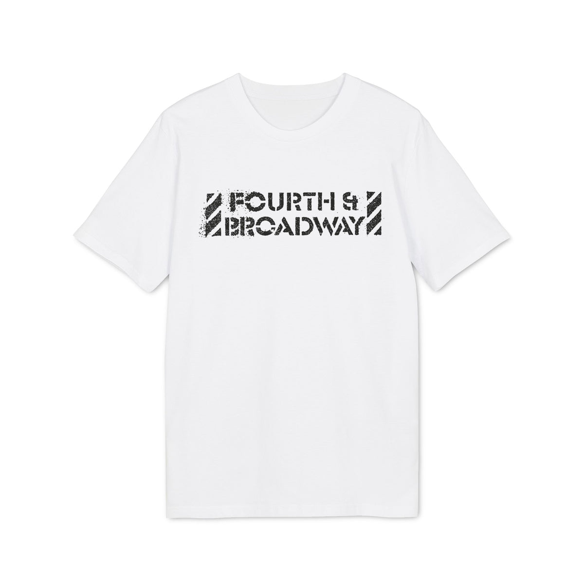 A white short-sleeved t-shirt features black distressed text reading Fourth & Broadway on the chest.