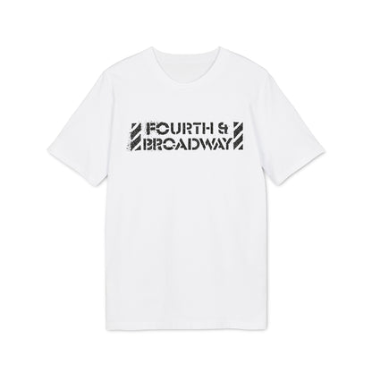 A white short-sleeved t-shirt features black distressed text reading Fourth & Broadway on the chest.