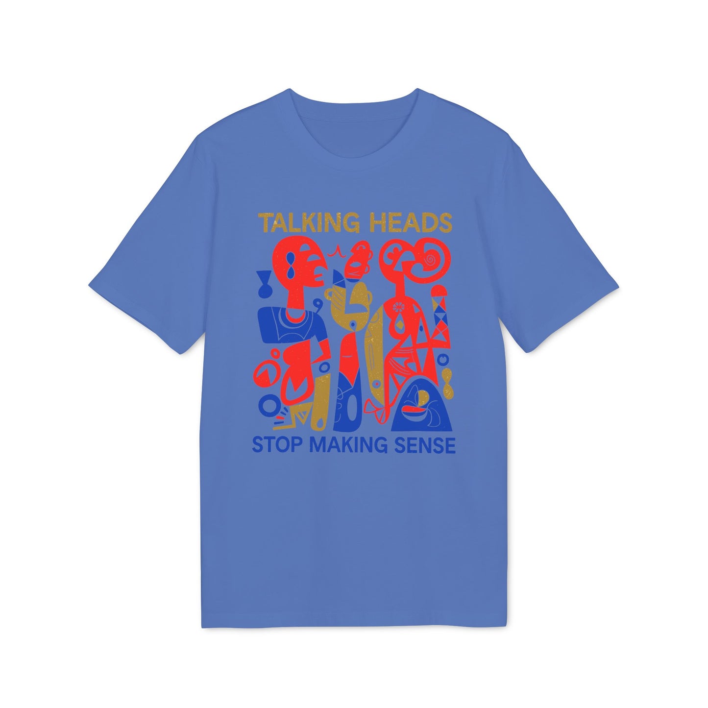 Talking Heads Stop Making Sense graphic on a blue t-shirt.