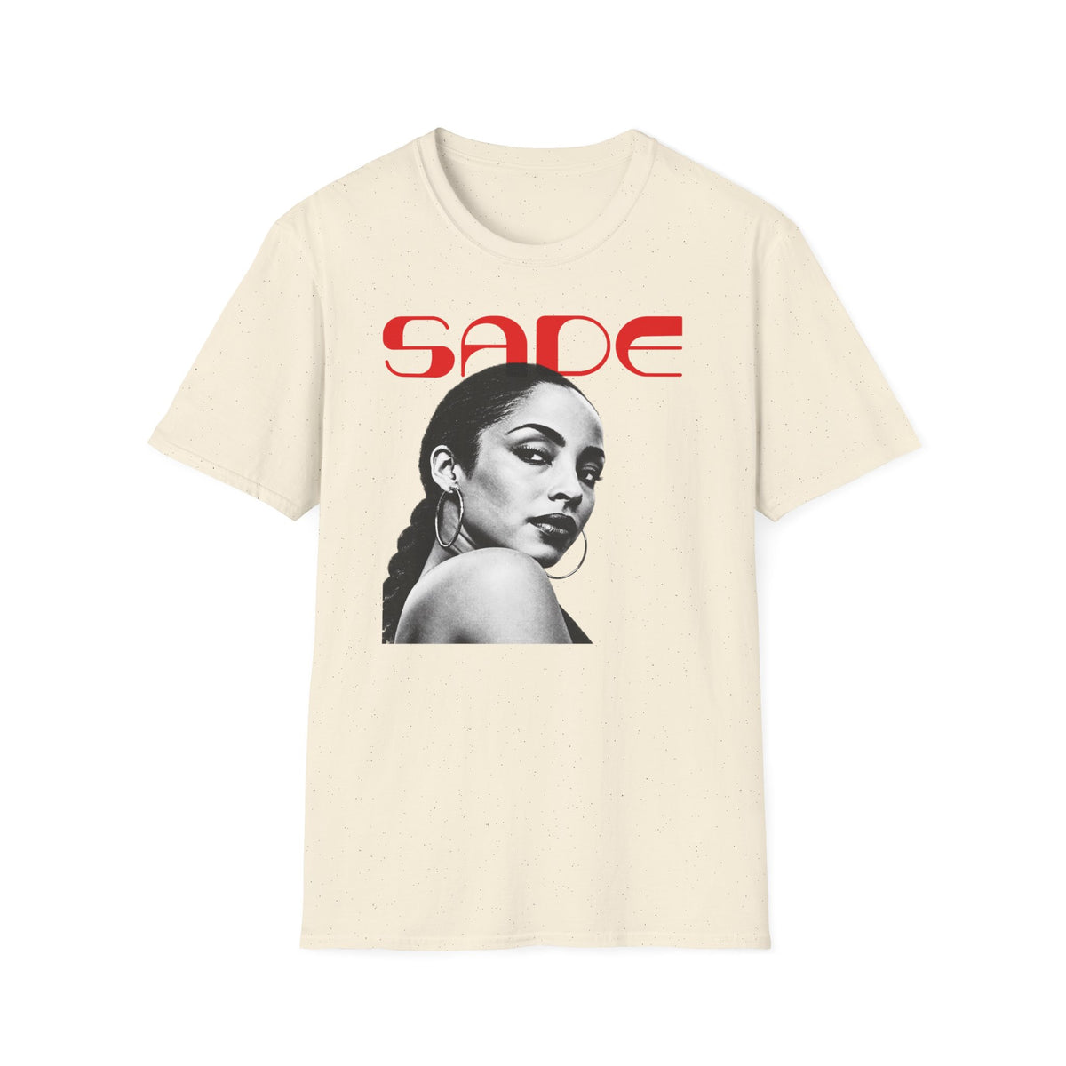 Sade logo above black and white portrait of Sade Adu on a cream t-shirt.