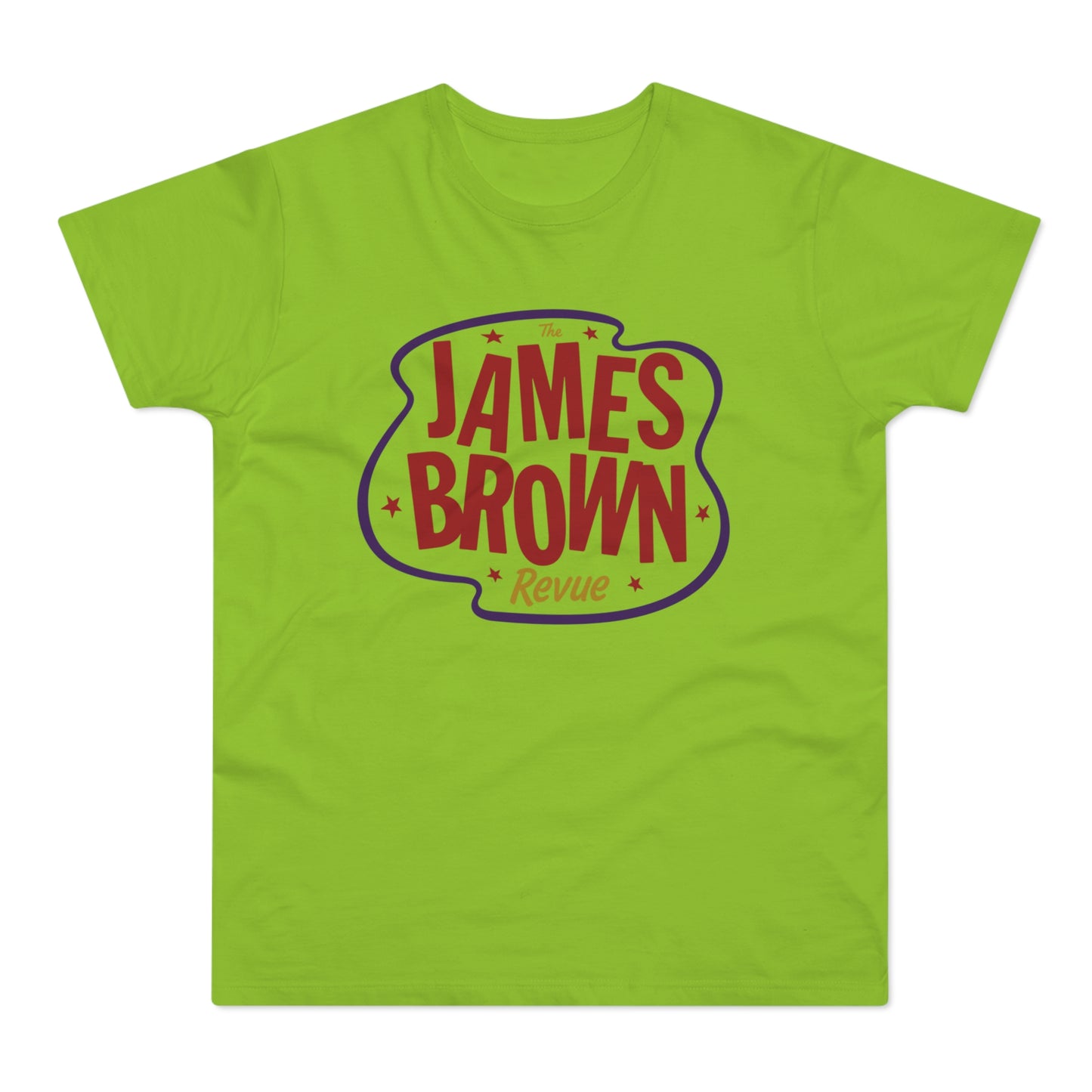 Lime green t-shirt with red "The James Brown Revue" text on an oval.