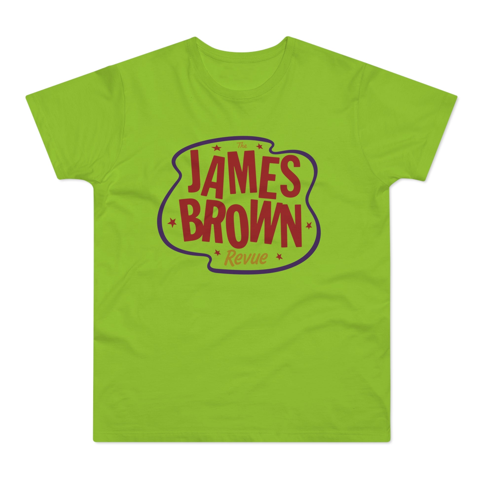 Lime green t-shirt with red "The James Brown Revue" text on an oval.