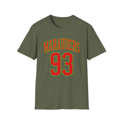 Olive green t-shirt with red "MARAUDERS 93" text outlined in green.
