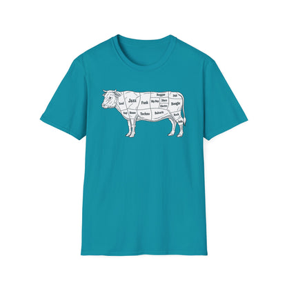 Turquoise t-shirt with a cow diagram listing music genres as cuts.