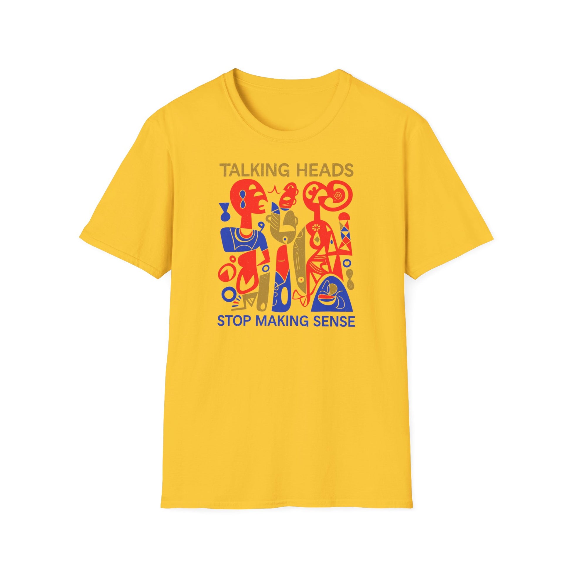 Yellow t-shirt with abstract red, blue, and gold graphic and "TALKING HEADS STOP MAKING SENSE" text.