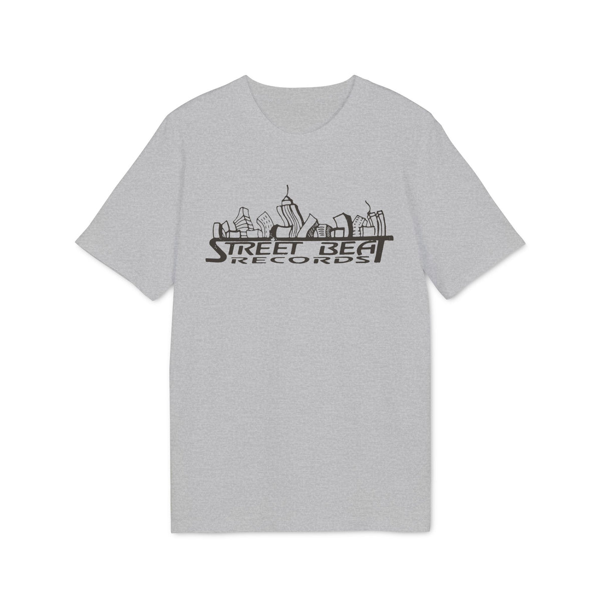 Light grey short-sleeved t-shirt featuring a black graphic of a city skyline and Street Beat Records text.