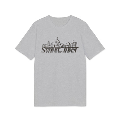 Light grey short-sleeved t-shirt featuring a black graphic of a city skyline and Street Beat Records text.