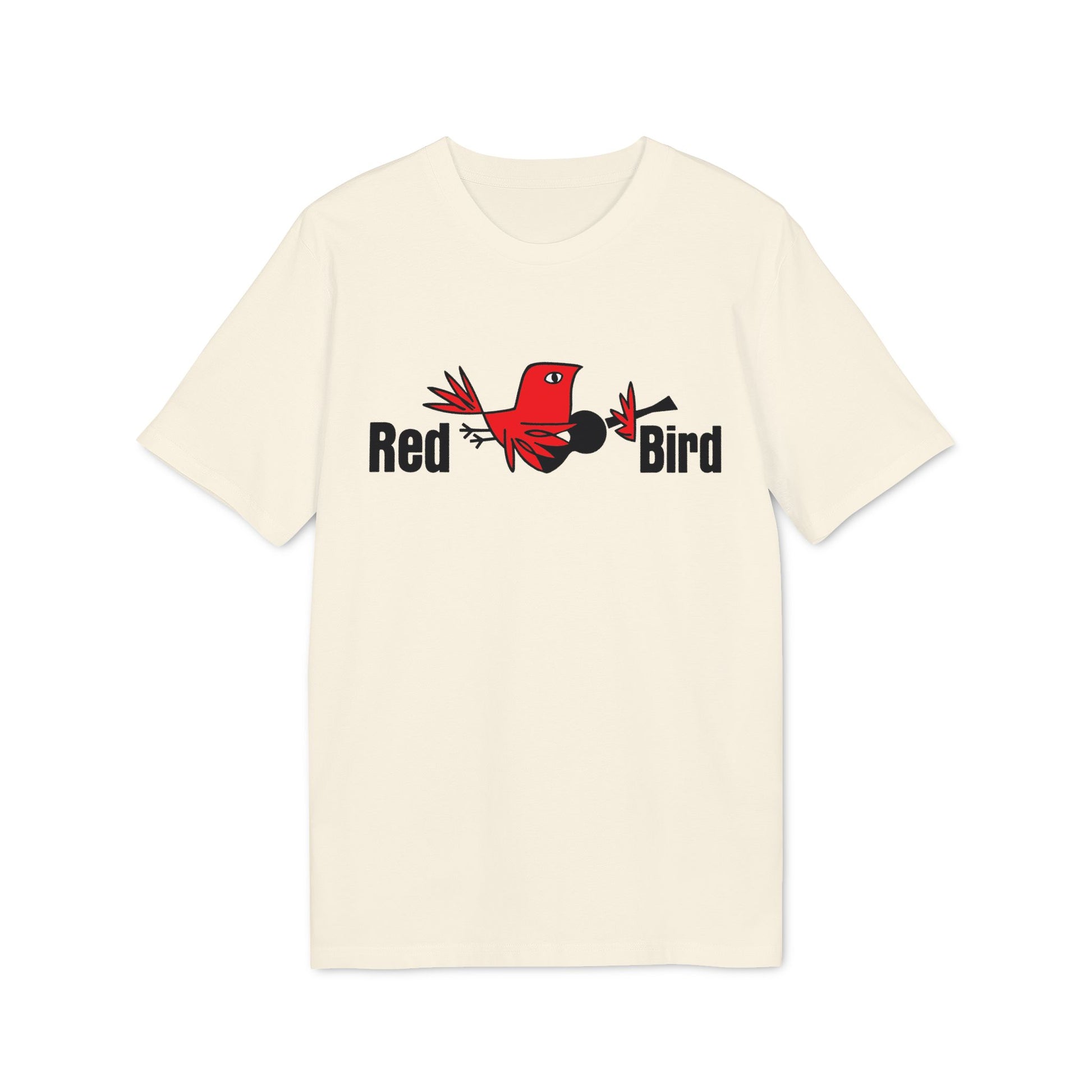 Cream t-shirt with "Red Bird" text and a red bird graphic holding a guitar.