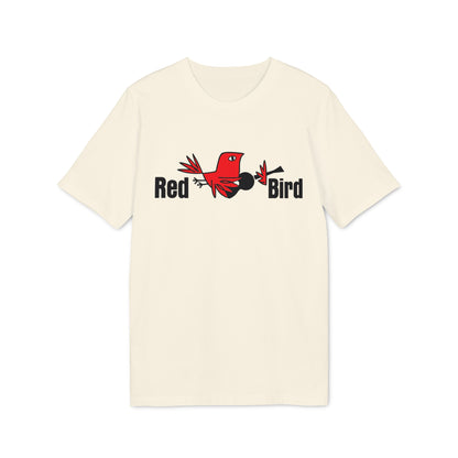 Cream t-shirt with "Red Bird" text and a red bird graphic holding a guitar.