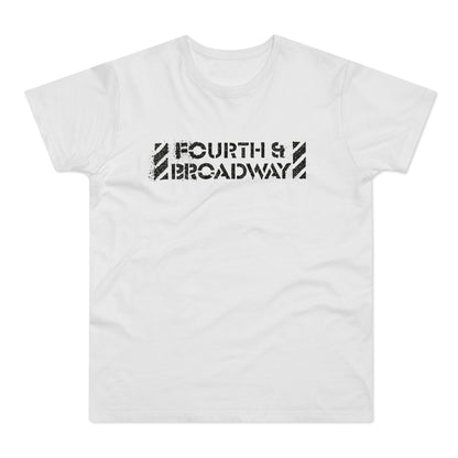 White t-shirt with distressed black text reading "FOURTH & BROADWAY".