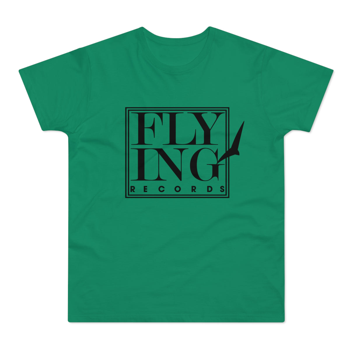 Green t-shirt with black "FLY ING RECORDS" logo and bird silhouette.