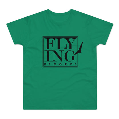 Green t-shirt with black "FLY ING RECORDS" logo and bird silhouette.