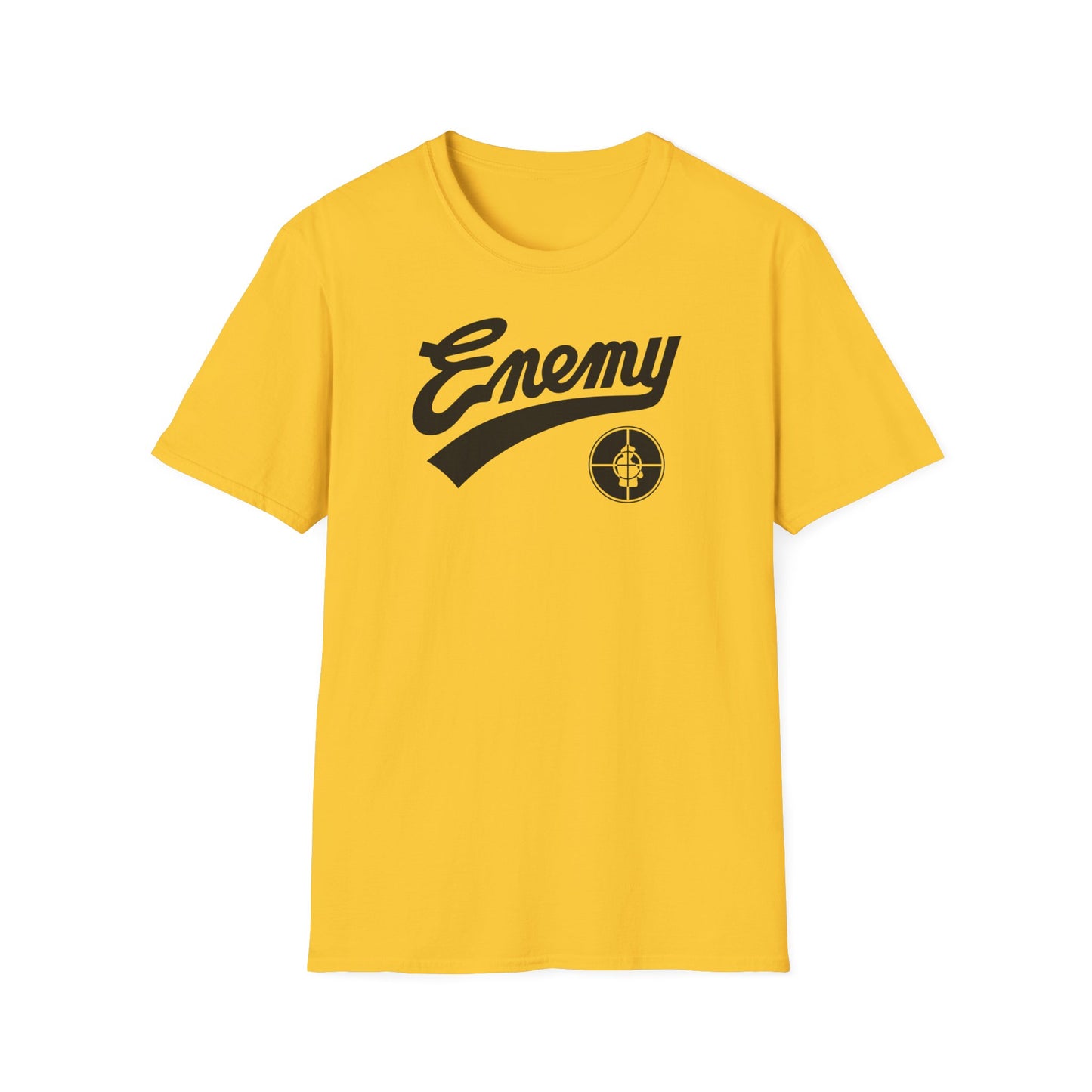 Yellow t-shirt with black "Enemy" text and target logo.