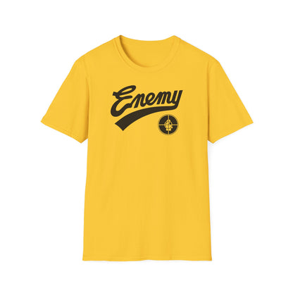 Yellow t-shirt with black "Enemy" text and target logo.