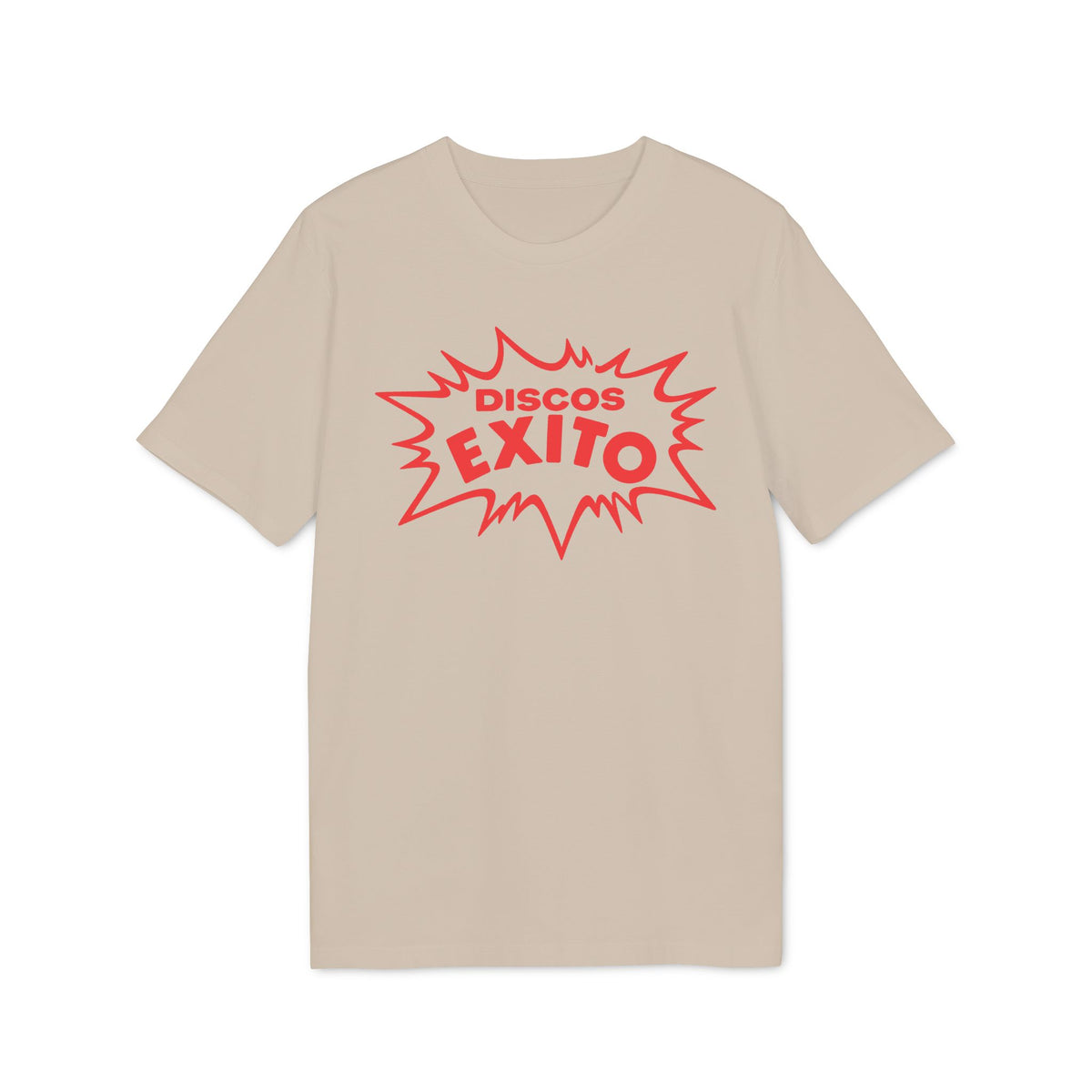 A beige crewneck t-shirt featuring a red graphic print with text reading DISCOS EXITO inside a jagged burst shape.