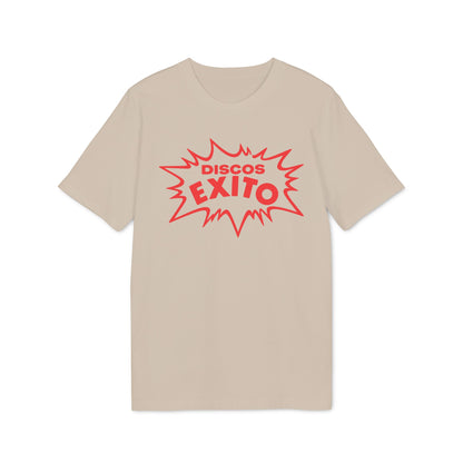 A beige crewneck t-shirt featuring a red graphic print with text reading DISCOS EXITO inside a jagged burst shape.