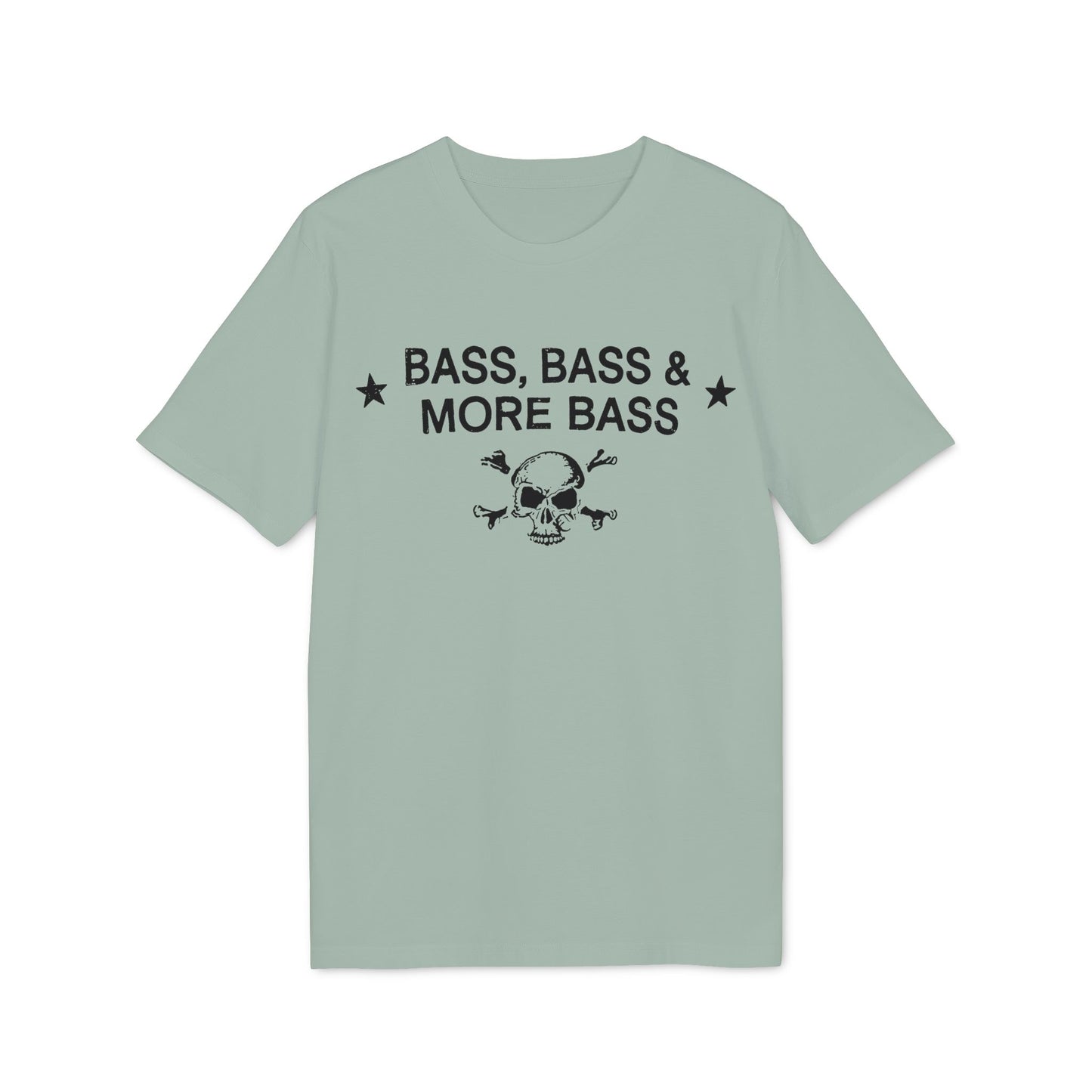 Light green t-shirt with black skull, crossbones, and text "BASS, BASS & MORE BASS".