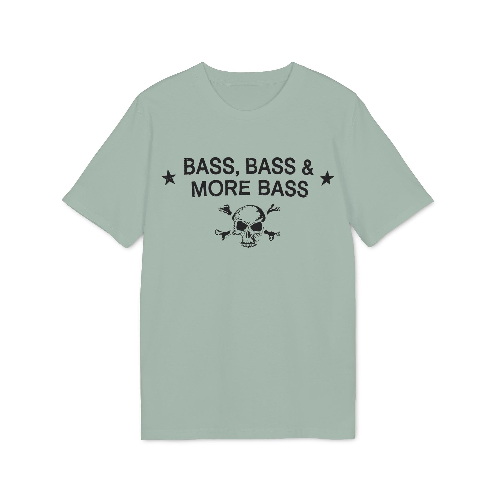 Light green t-shirt with black skull, crossbones, and text "BASS, BASS & MORE BASS".