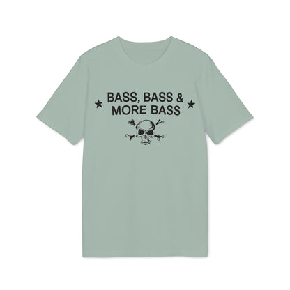 Light green t-shirt with black skull, crossbones, and text "BASS, BASS & MORE BASS".