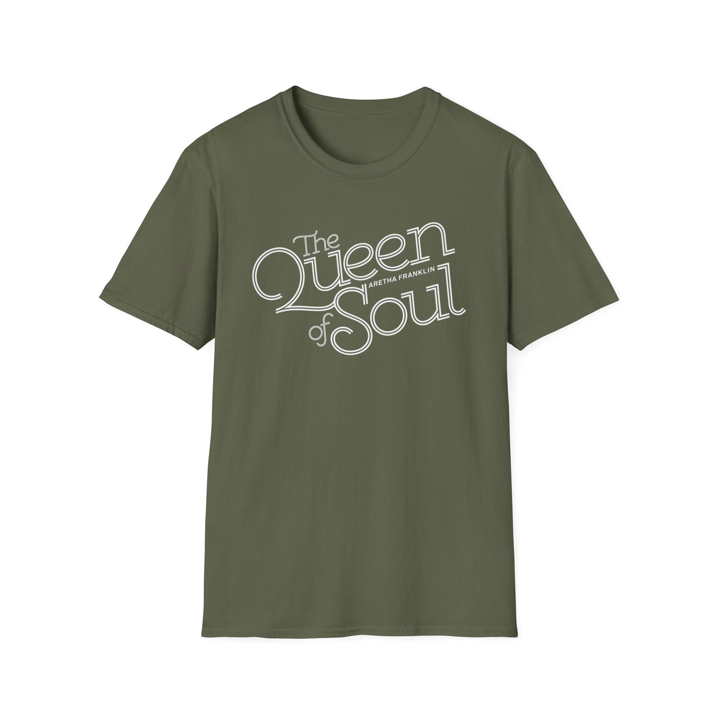 Olive green t-shirt with white "The Queen of Soul Aretha Franklin" text.