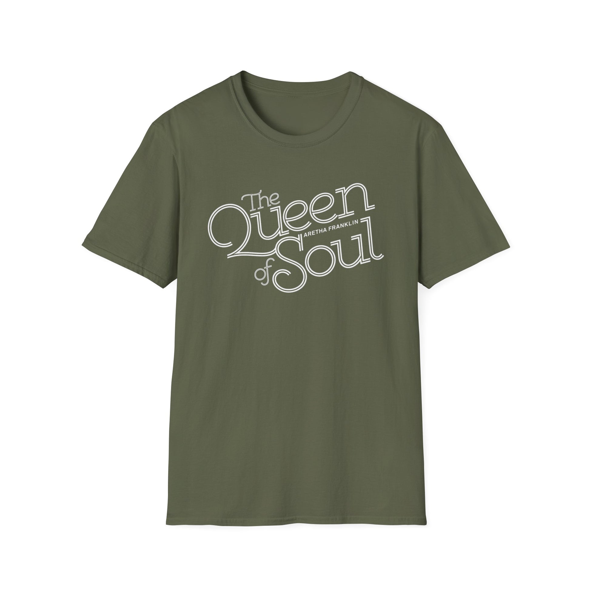 Olive green t-shirt with white "The Queen of Soul Aretha Franklin" text.