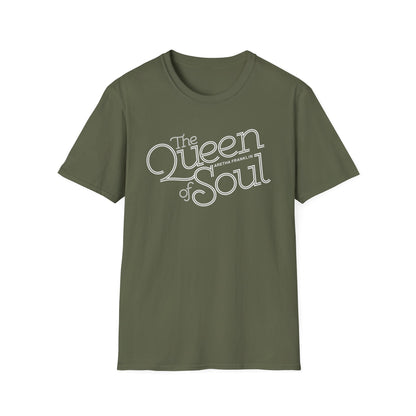 Olive green t-shirt with white "The Queen of Soul Aretha Franklin" text.