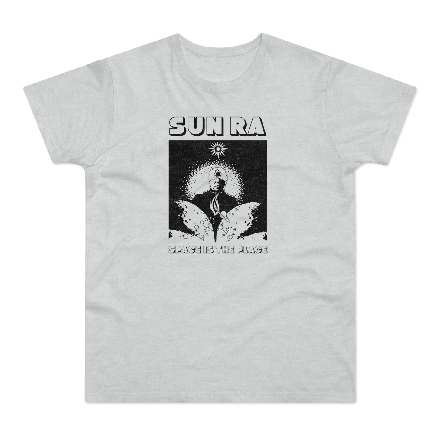 Light gray t-shirt with "SUN RA" and "SPACE IS THE PLACE" text with cosmic graphic.