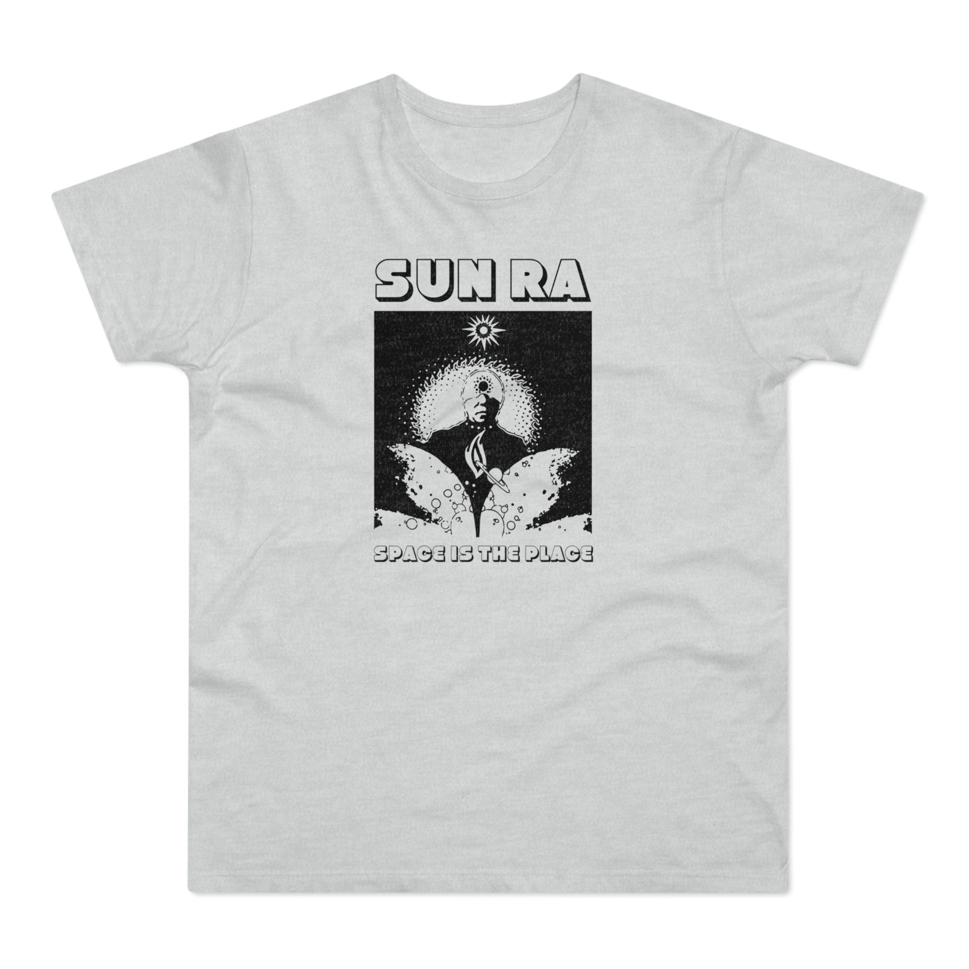 Light gray t-shirt with "SUN RA" and "SPACE IS THE PLACE" text with cosmic graphic.