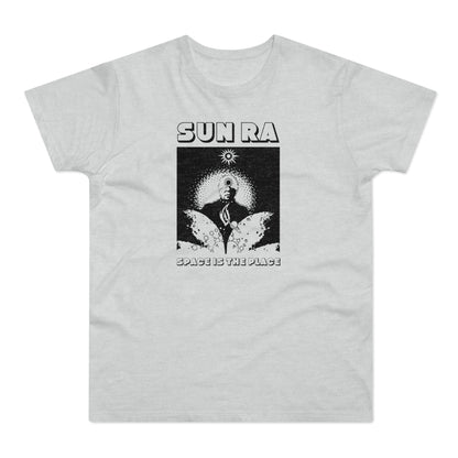 Light gray t-shirt with "SUN RA" and "SPACE IS THE PLACE" text with cosmic graphic.