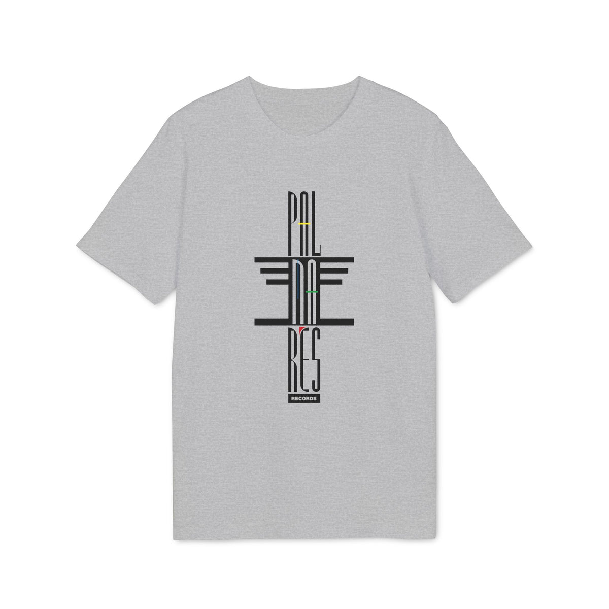 A heather grey short-sleeved t-shirt featuring a vertical black graphic with colorful accents and text.