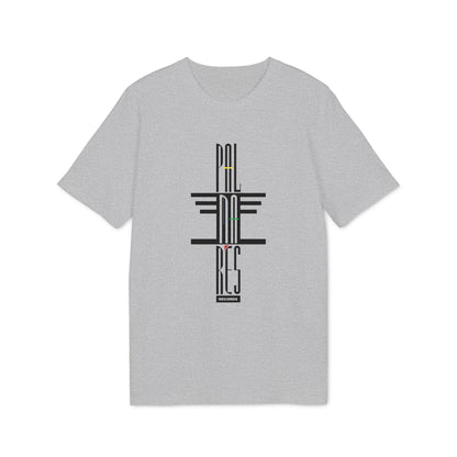 A heather grey short-sleeved t-shirt featuring a vertical black graphic with colorful accents and text.