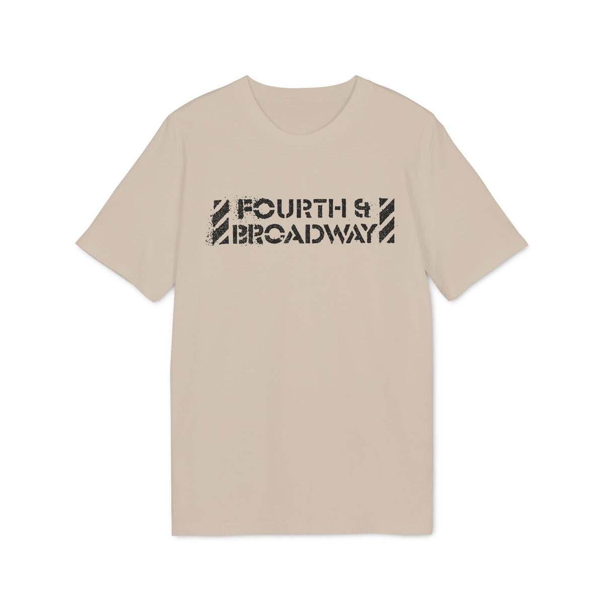 A beige short-sleeve t-shirt with a distressed black Fourth & Broadway logo on the chest.