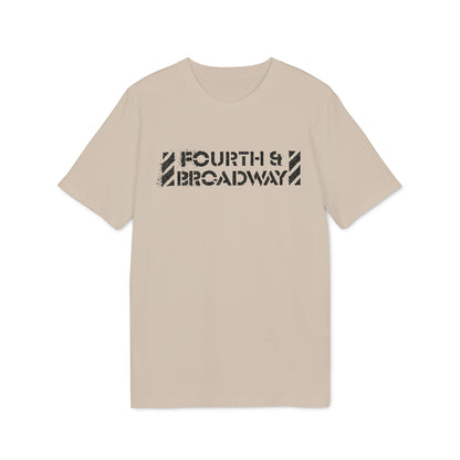 A beige short-sleeve t-shirt with a distressed black Fourth & Broadway logo on the chest.