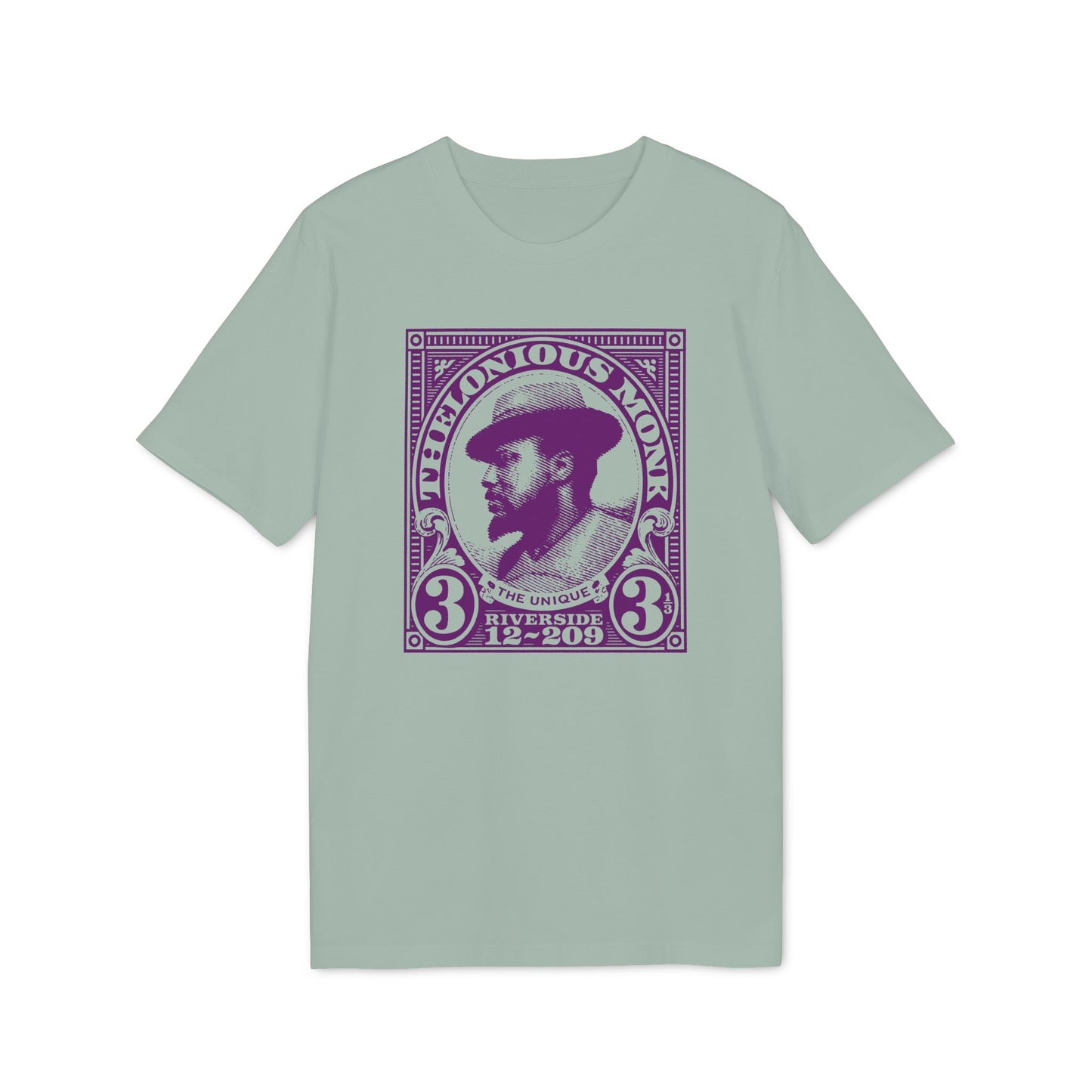 Thelonious Monk portrait with text "Riverside 12-209" on a mint green t-shirt.