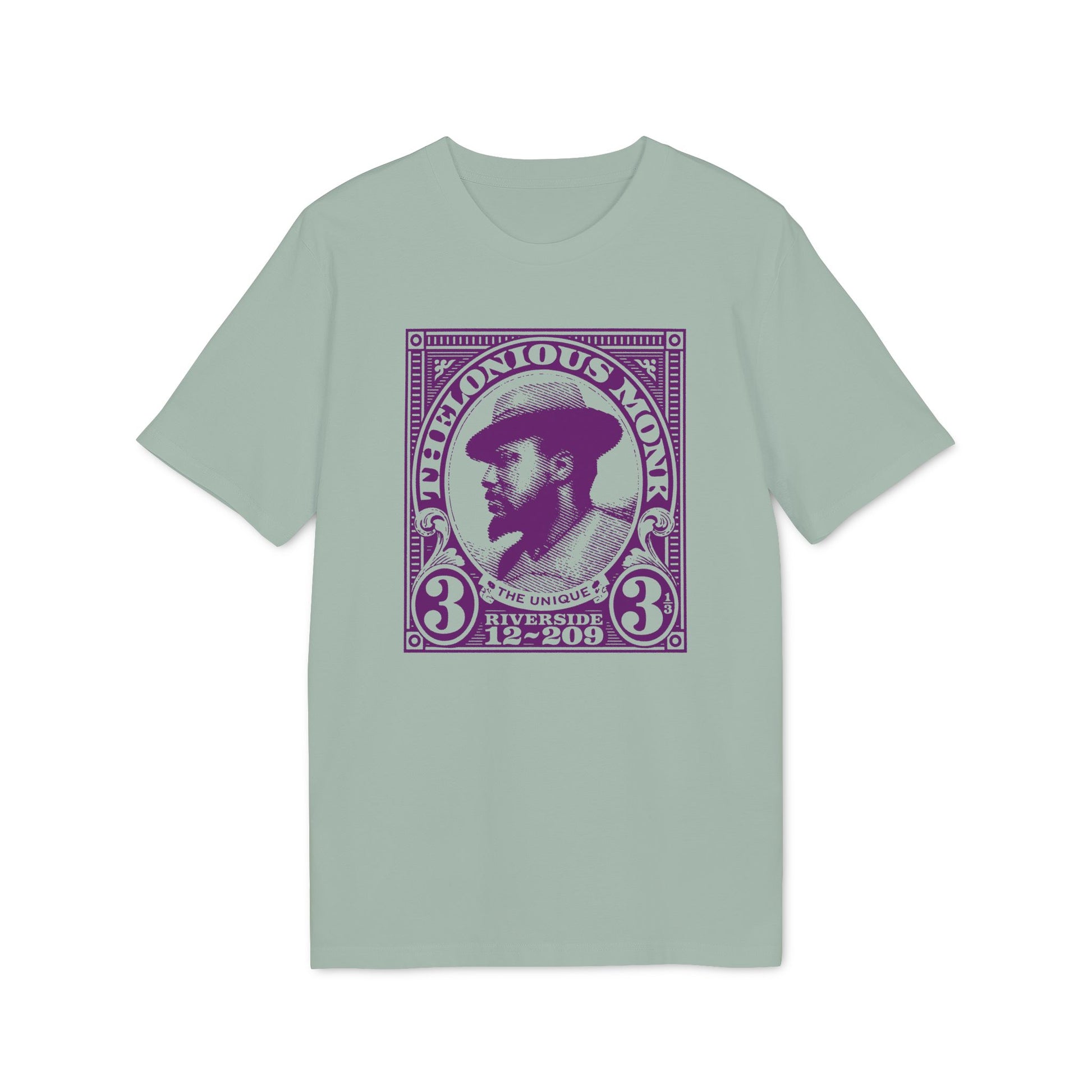 Thelonious Monk portrait with text "Riverside 12-209" on a mint green t-shirt.