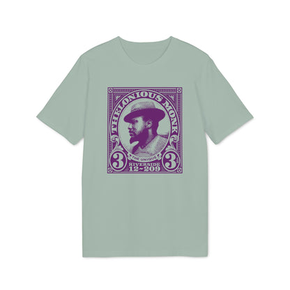 Thelonious Monk portrait with text "Riverside 12-209" on a mint green t-shirt.