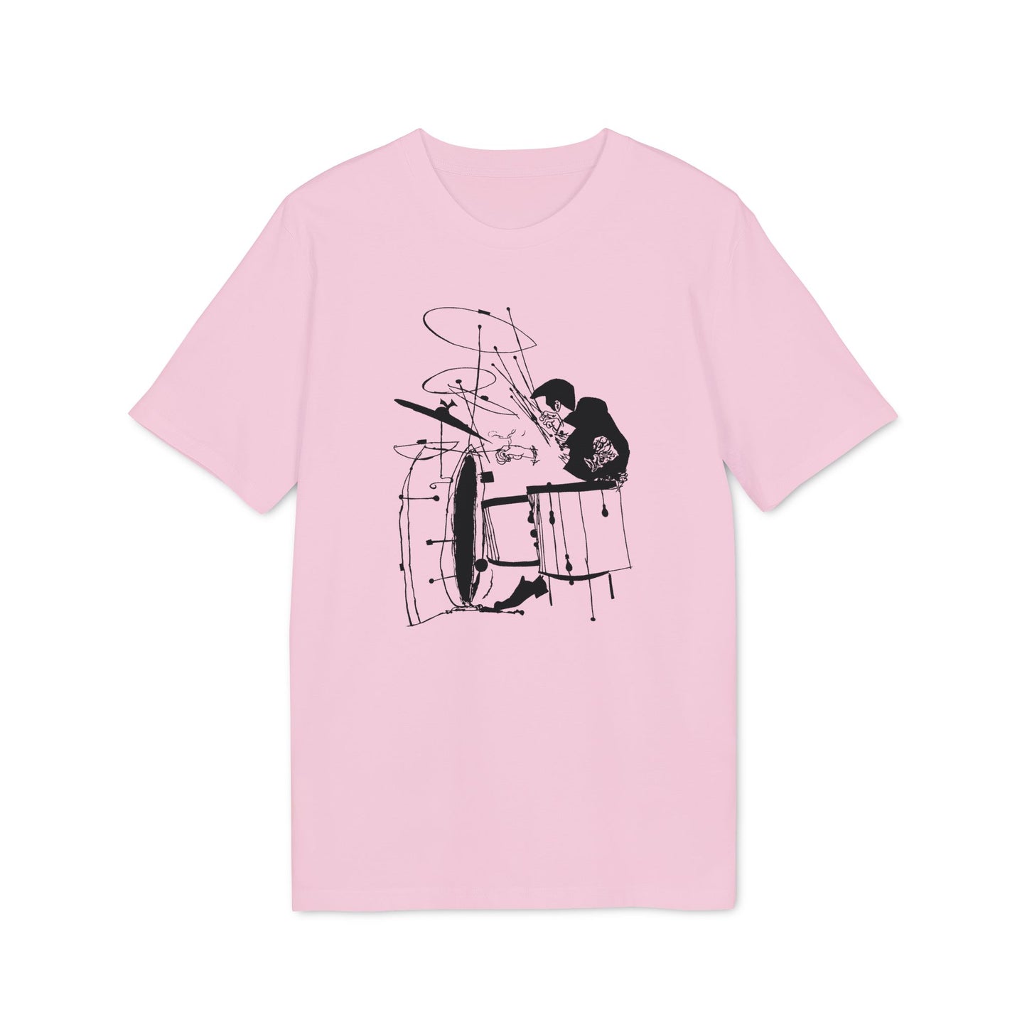 Pink t-shirt with black line drawing of a drummer playing a complex drum set.