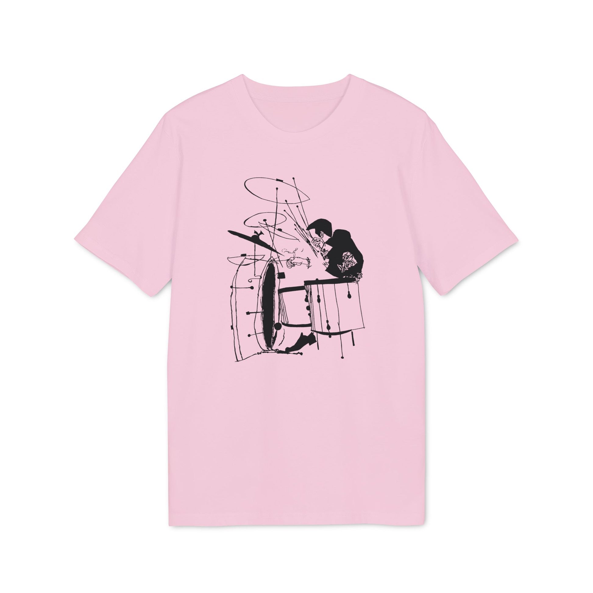 Pink t-shirt with black line drawing of a drummer playing a complex drum set.
