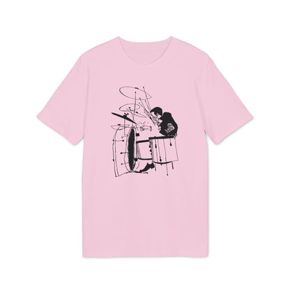 Pink t-shirt with black line drawing of a drummer playing a complex drum set.