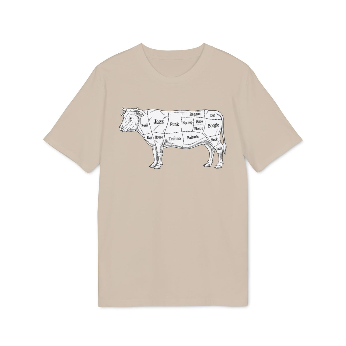 A beige t-shirt featuring a black graphic of a cow diagram labeled with music genres.