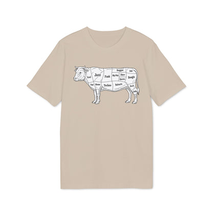 A beige t-shirt featuring a black graphic of a cow diagram labeled with music genres.