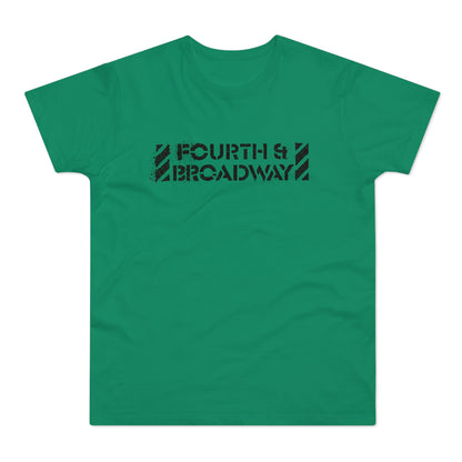 Green t-shirt with distressed black "FOURTH & BROADWAY" text design.