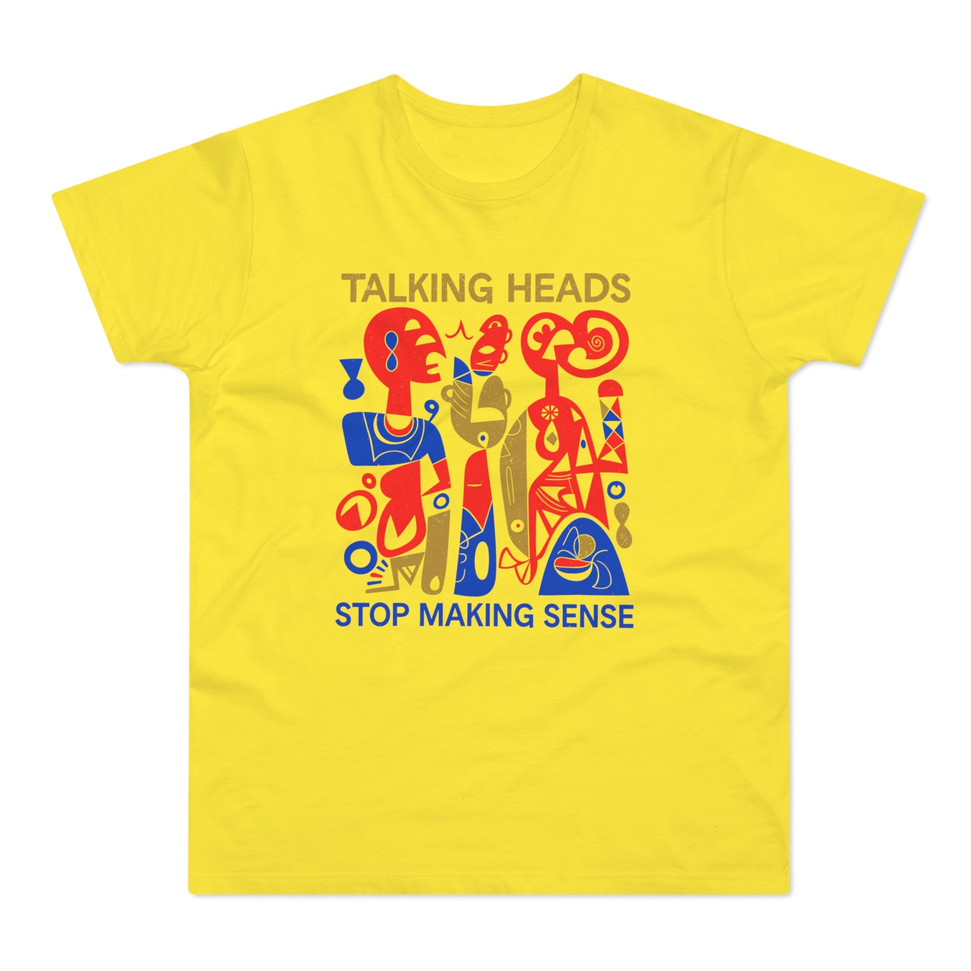 Yellow t-shirt with abstract red, blue, and gold figures and "TALKING HEADS STOP MAKING SENSE" text.